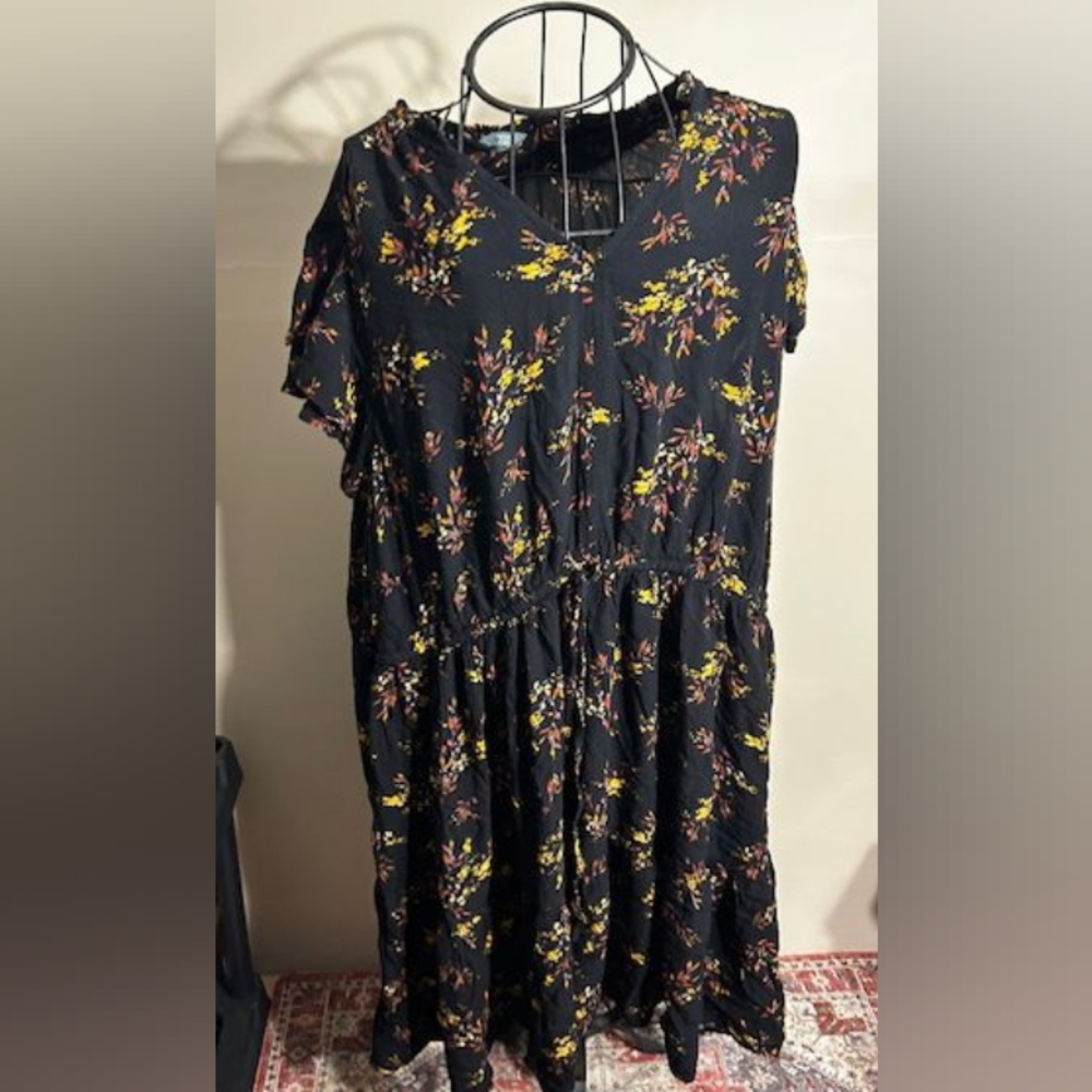 Terra & Sky Black Floral Midi Dress with Yellow and Pink Sprigs